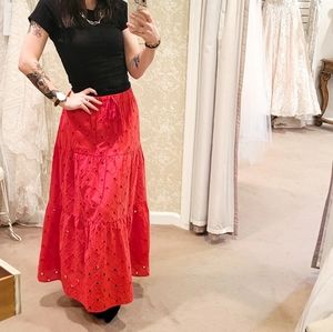 Bright Red Eyelet Bohemian Tiered Midi Skirt